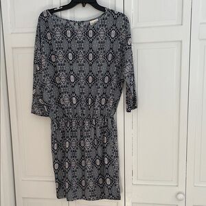 Elegant Black, Navy,, Teal and White Patterned Dress